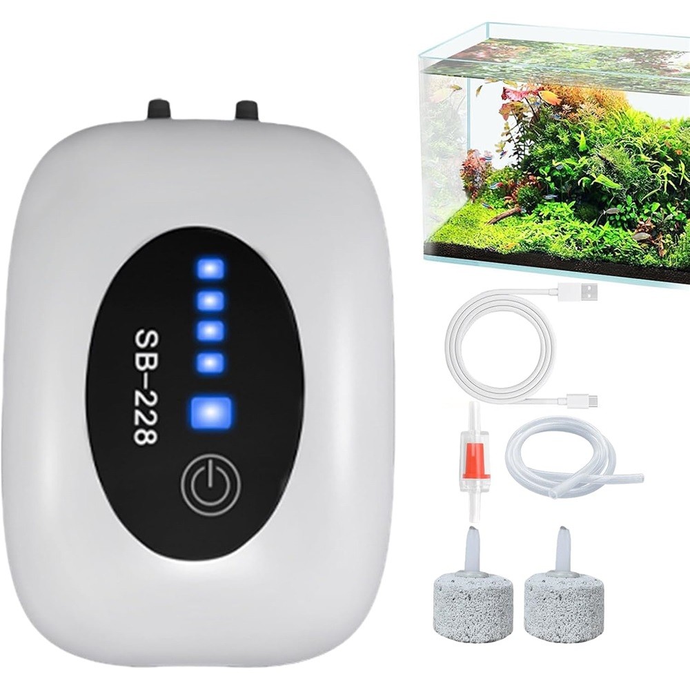 Aquarium Air Pump,2 Outlet Portable Rechargeable Silent Aerator