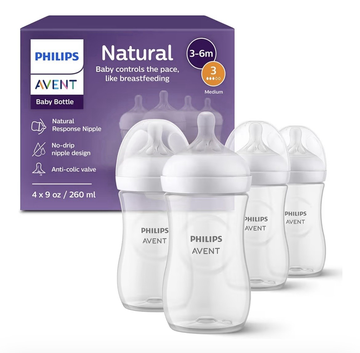 Philips AVENT Natural Baby Bottle with Natural Response Nipple, 9 Oz, 4 Pack