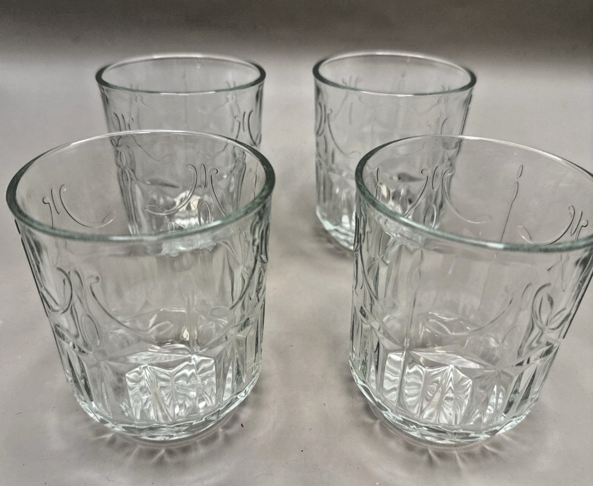 Set of 4 Clear Pressed Glass  Rocks Tumblers Heavy Base Scroll Pattern 4"