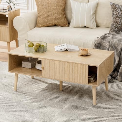 Coffee Table with Storage, Boho Dining Table with Sliding Fluted Oak(lsj012-n)