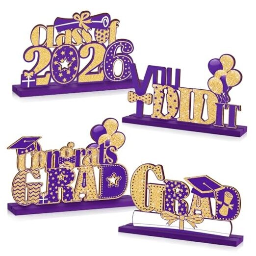 4 Pieces 2026 Graduation Party Decorations Wooden Class of 2026 Table Purple
