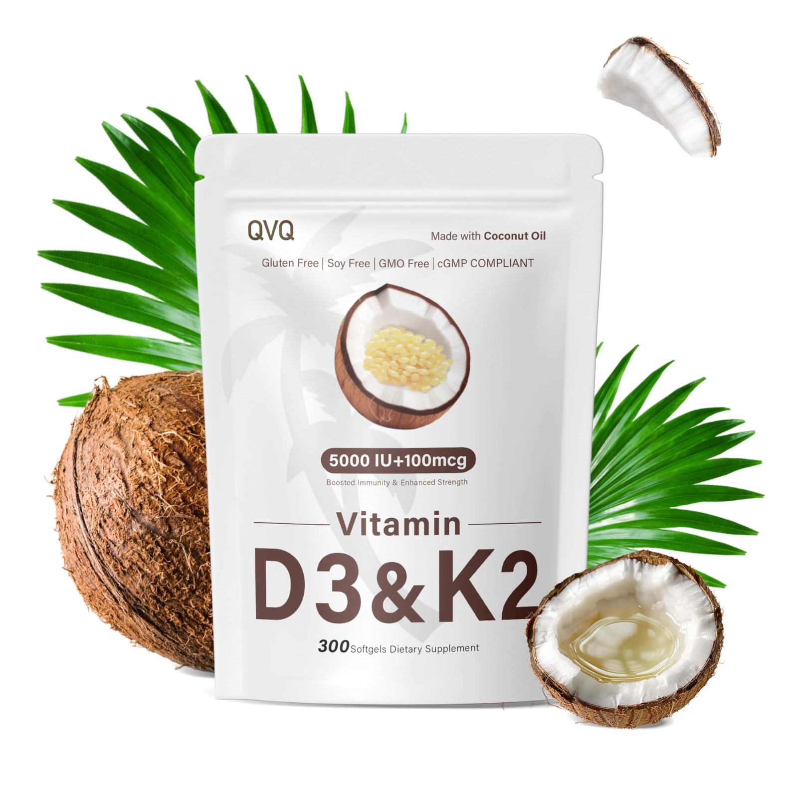 QVQ 300 Pcs Vitamin D3 K2 5000 IU + 100mcg, Coconut 1 Count (Pack of 300) 