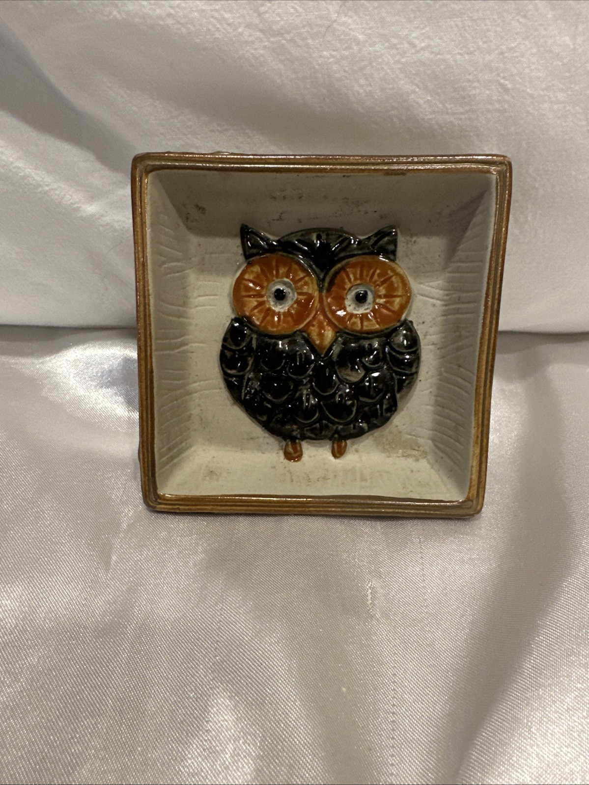 Vintage 60s ceramic owl dish. 3.5 Inch Square . Excellent Condition