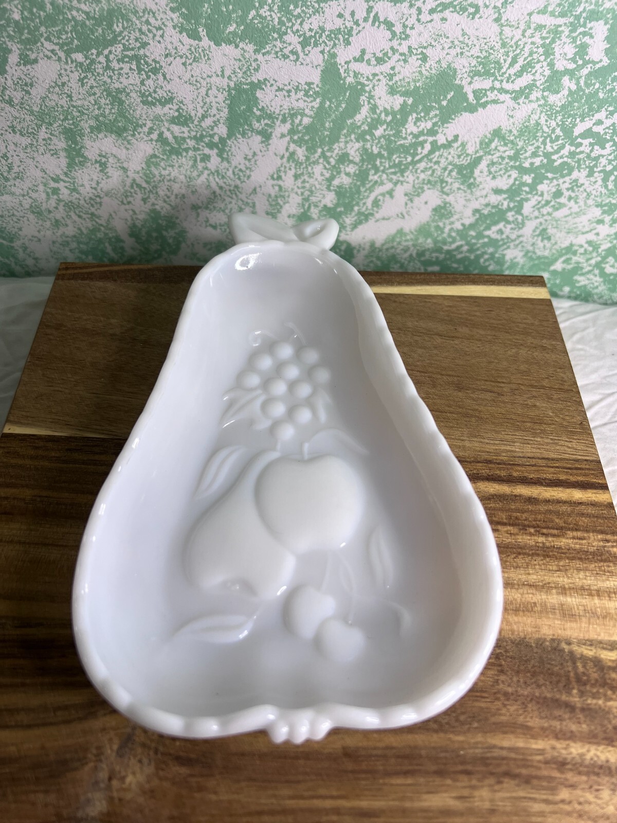 Vintage Hazel Atlas Milk Glass Pear Shaped Floral Pattern Relish Dish MCM