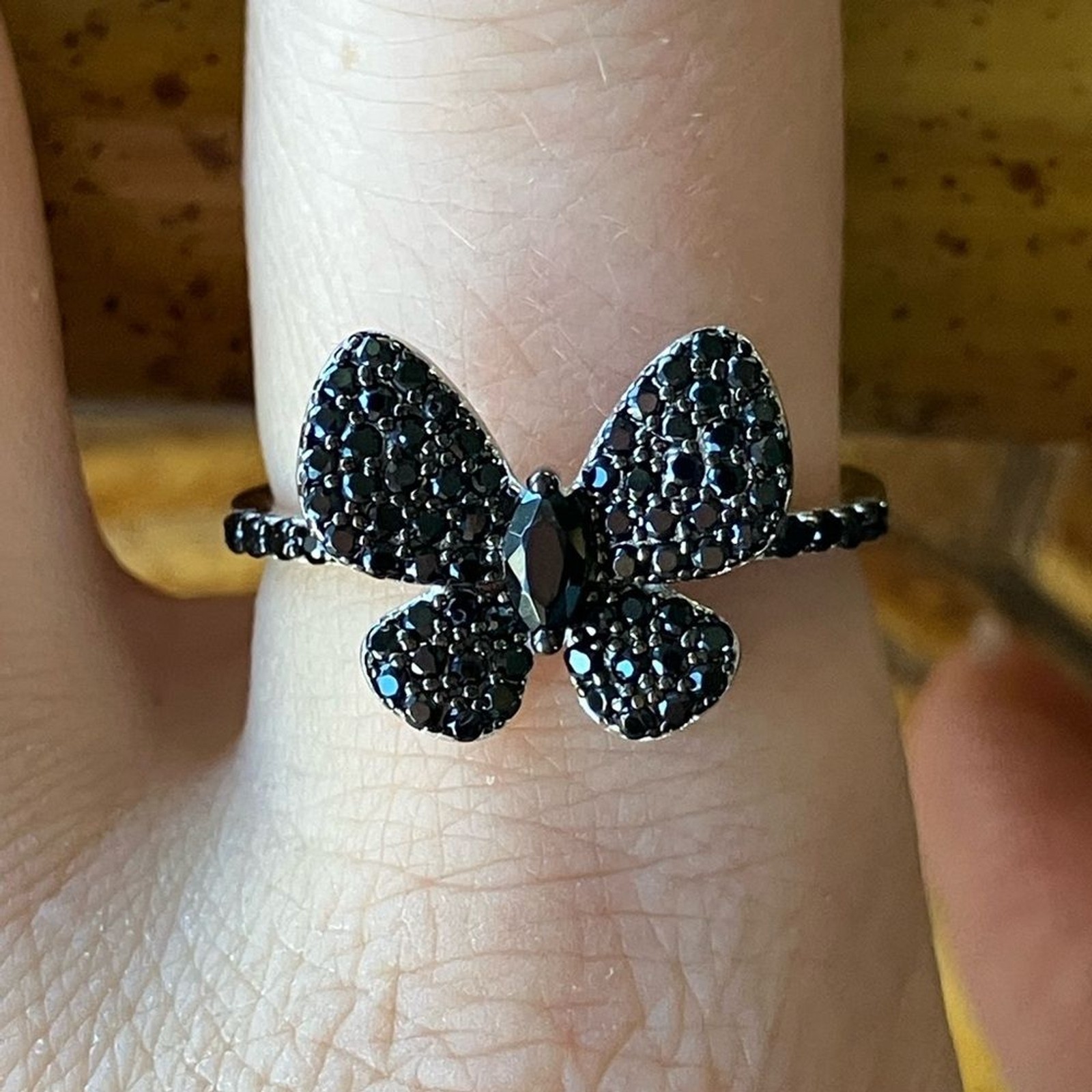 Natural Black Spinel Sterling Silver Butterfly Ring Size 9