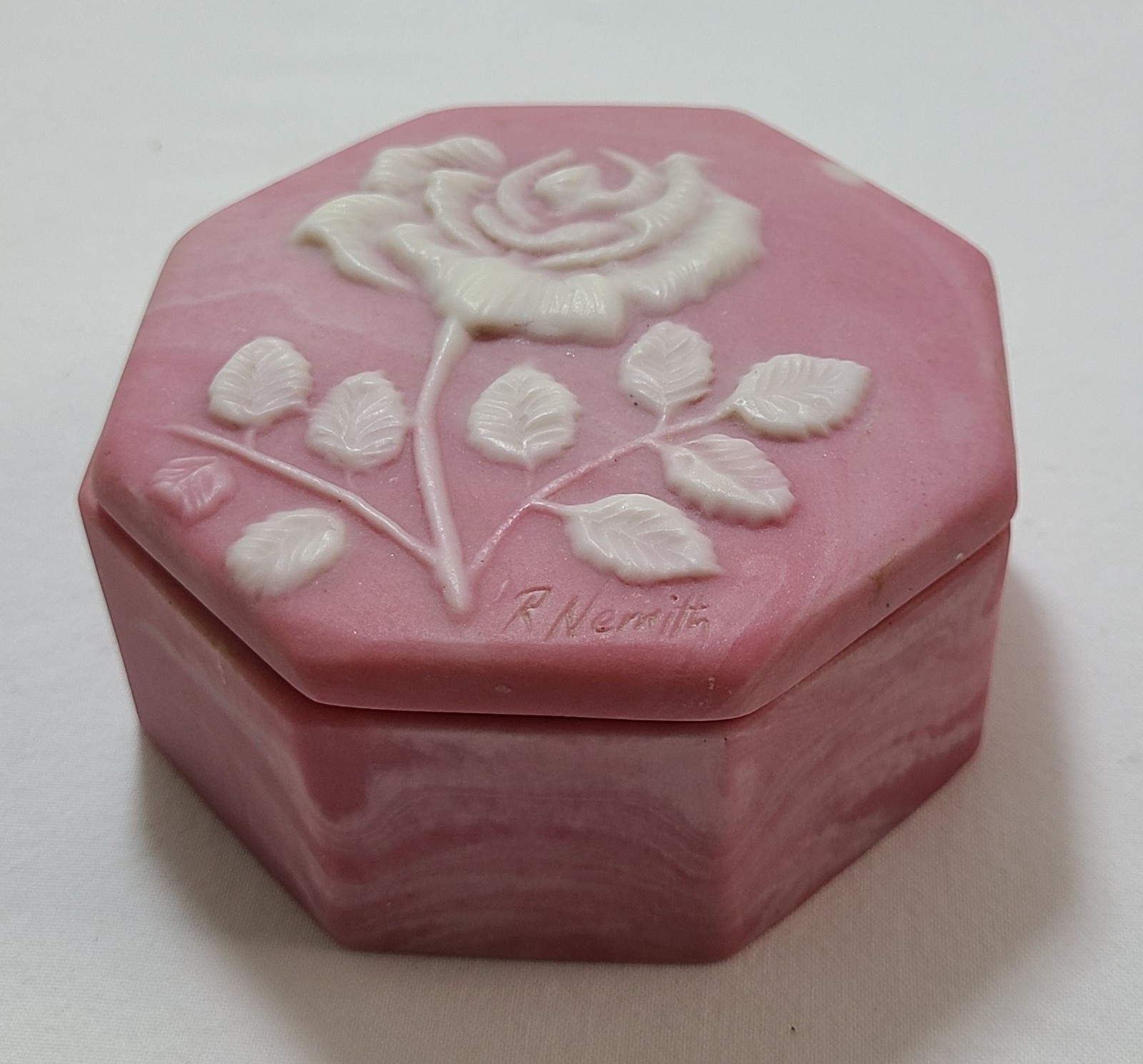 Trinket Jewelry Box   Raised Pink & White Rose     Vintage 1970's