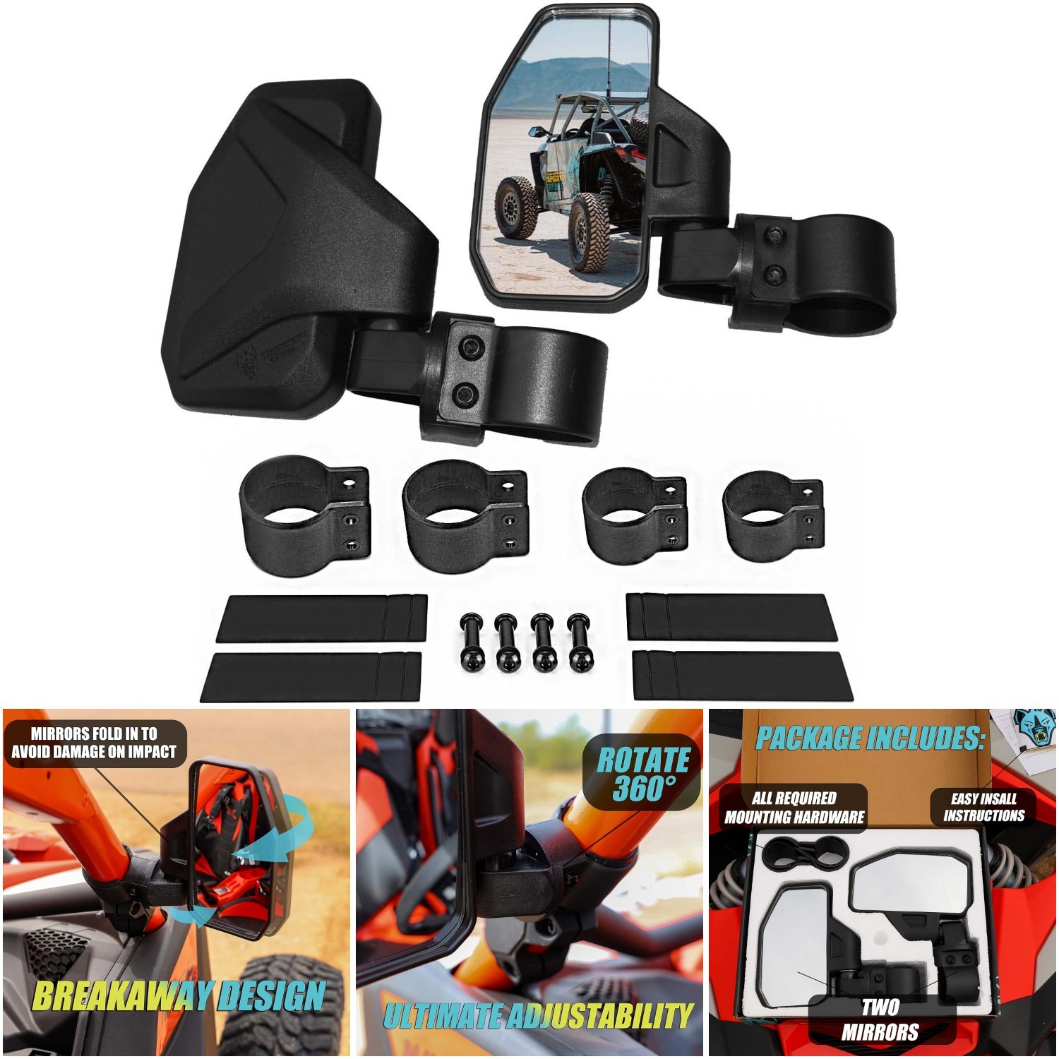 2 Pack Round Roll Cage Side Mirror Kit 1.6'-2' UTV Break Away Tempered Glass