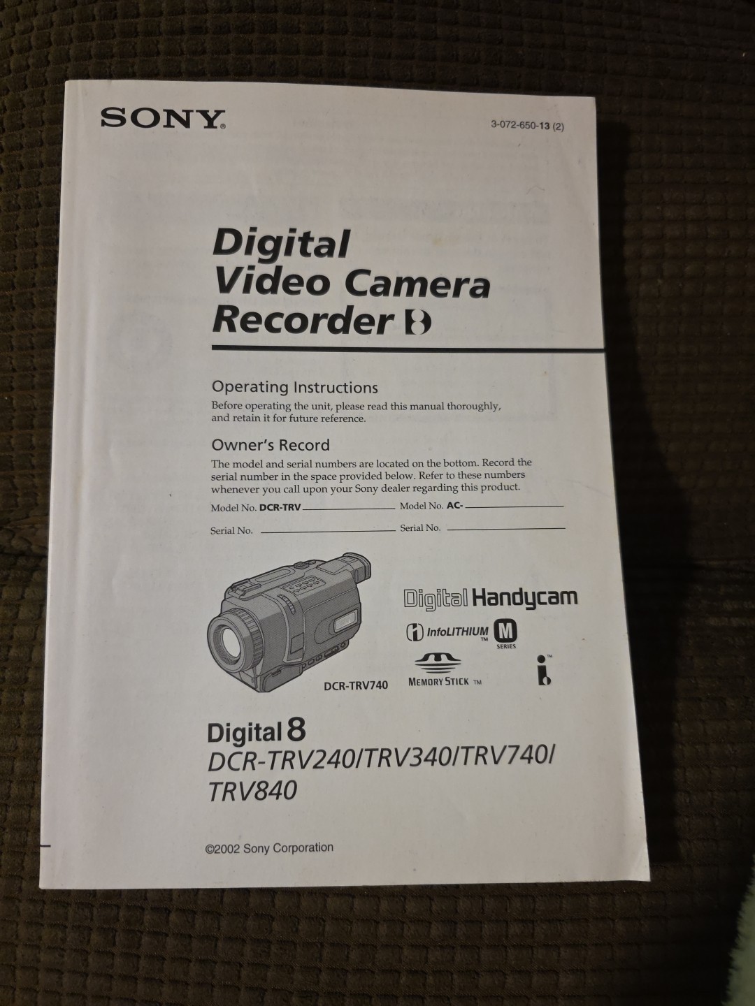 SONY DIGITAL VIDEO CAMERA RECORDER MANUAL - DCR-TRV240/TRV340/TRV740/TRV840