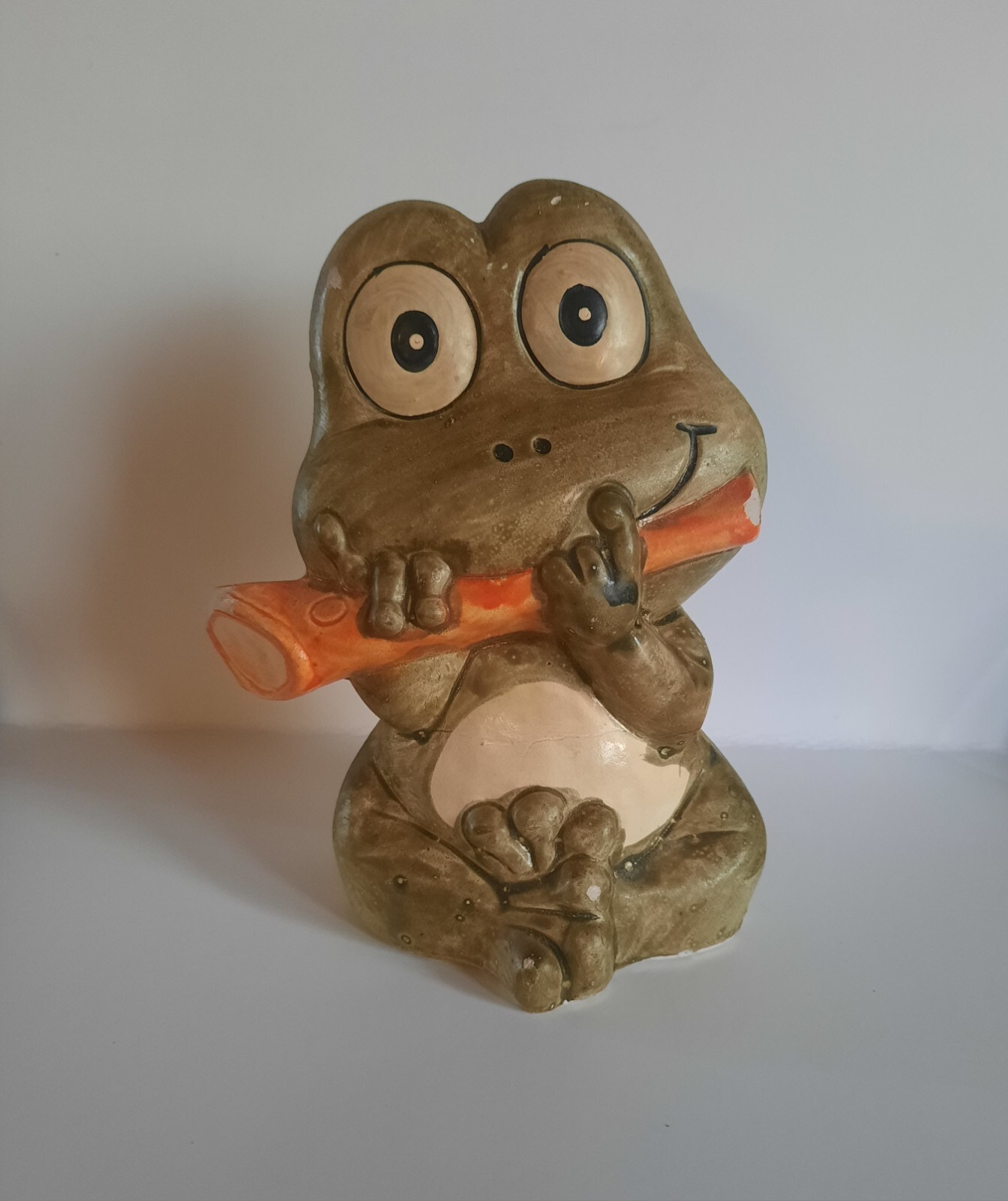 Vtg Plaster Coin/Piggy Bank sitting Frog w/French Horn 