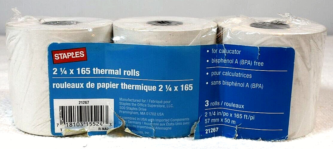 Thermal Rolls for Calculator NEW SEALED #21267, STAPLES 2.25" x 165' Set of 3