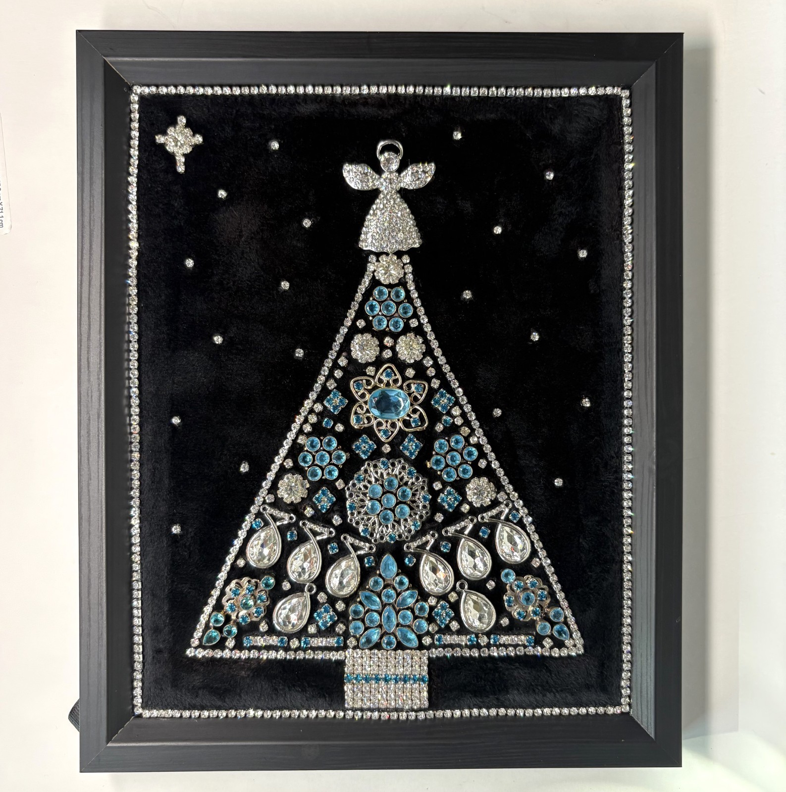 Handmade Jeweled Christmas Tree Angel Art Black Velvet Framed 11x9 OOAK