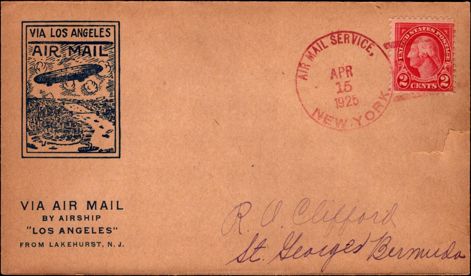 USS Los Angeles Airship Mail Lakehurst NJ to Bermuda 1925 Airmail Cover