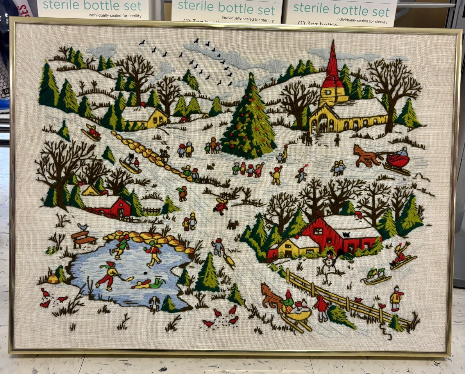 Vintage Embroidered Winter Village Christmas Scene Framed Needlework Folk 
