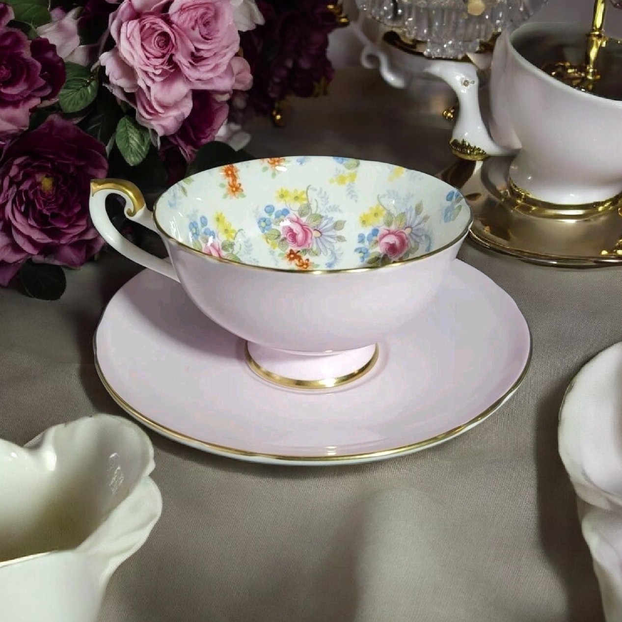 VTG SHELLEY Bone China PINK GEORGIAN CHINTZ RIPON SHAPE CUP SAUCER Set GOLD RIM