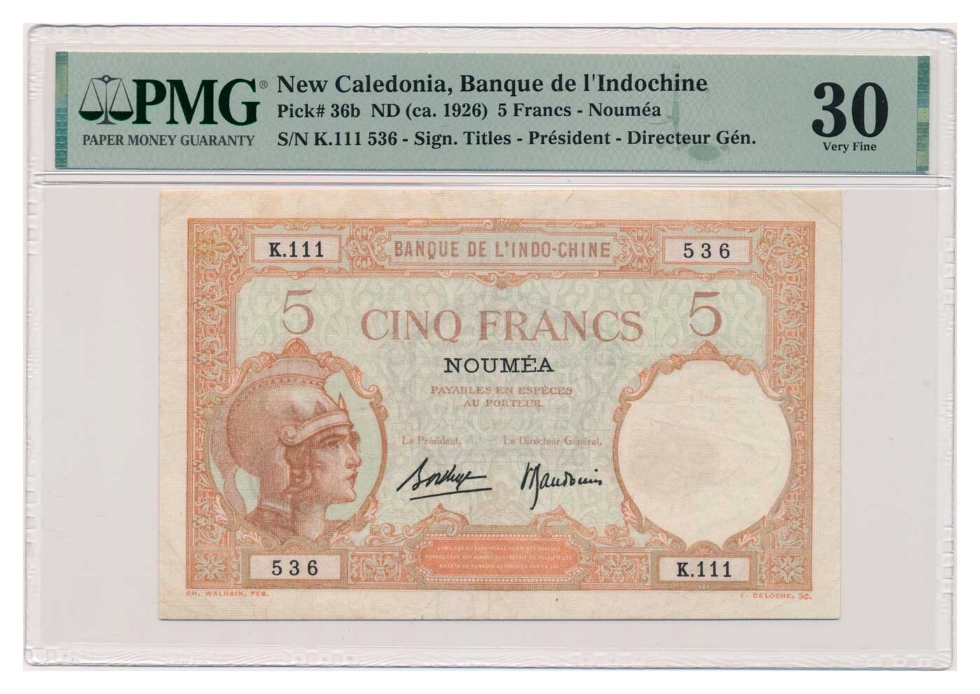 NEW CALEDONIA banknote 5 Francs 1926 PMG VF 30 Very Fine