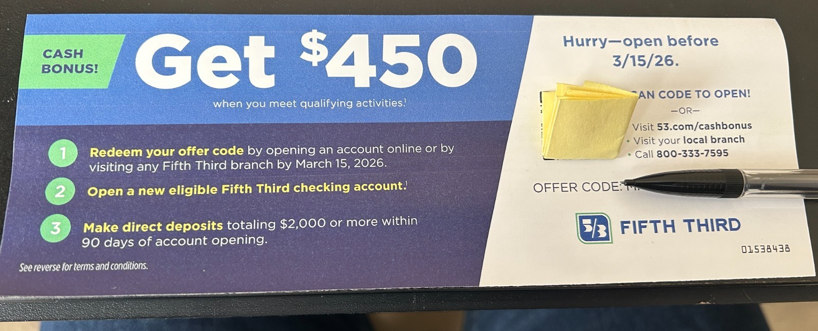 5/3 Fifth Third Bank $450 BONUS Coupon with NEW Checking Account EXP. 3/15/2026