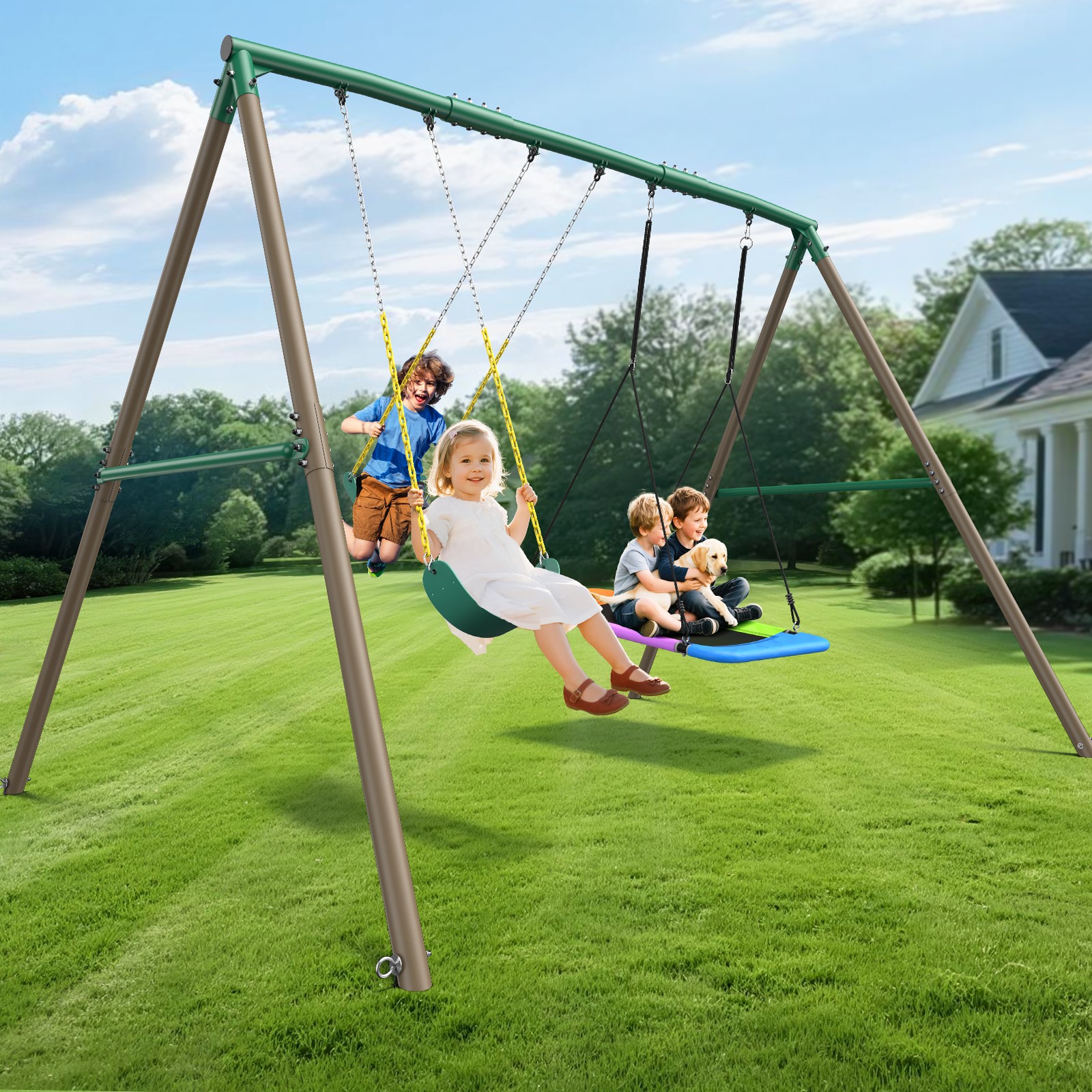 660lbs 7.3FT Heavy Duty Metal Swing Set for Backyard Kids Adults with 3 Swings
