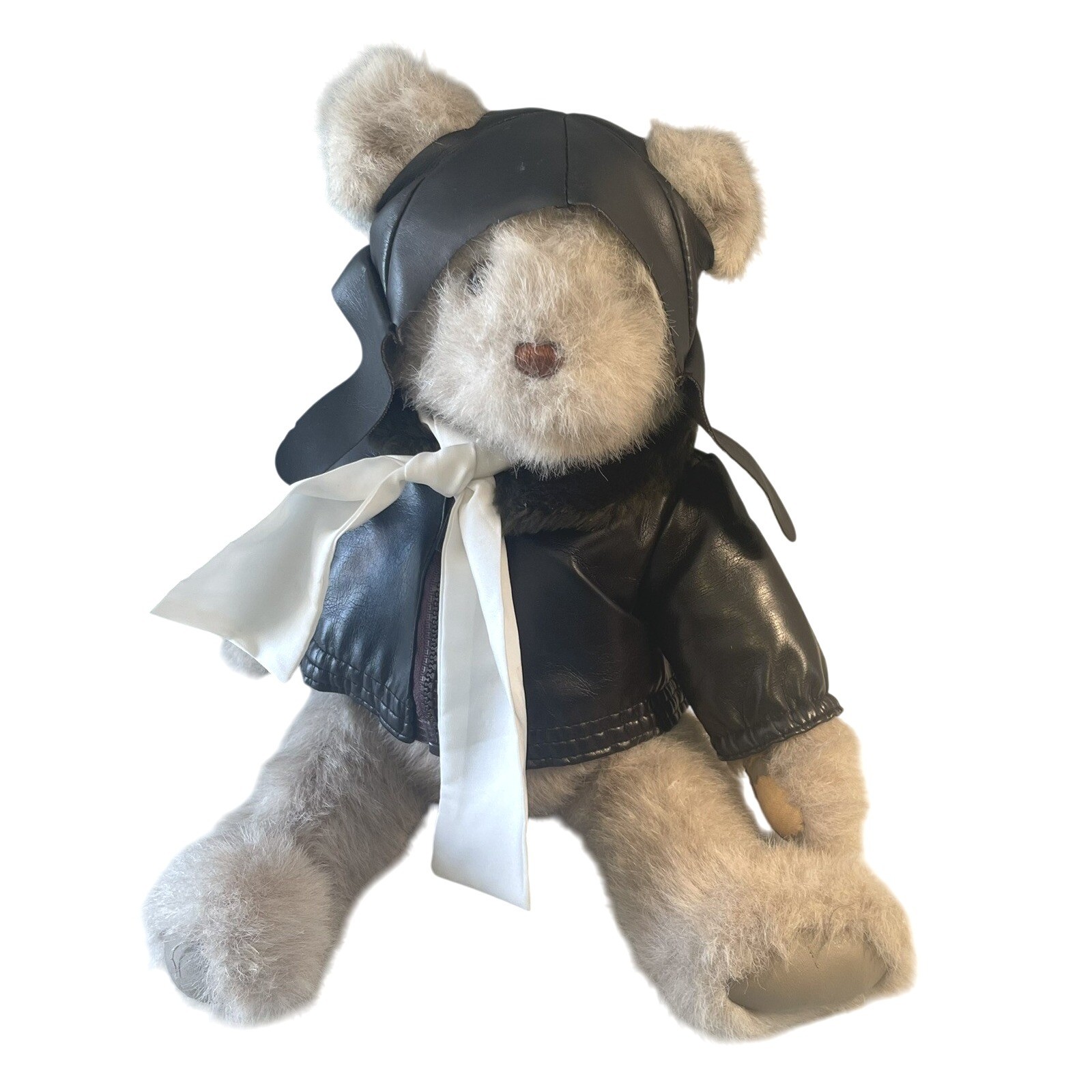 VTG Gund Aviator Teddy Bear Plush Stuffed Animal Black Leather Jacket & Hat