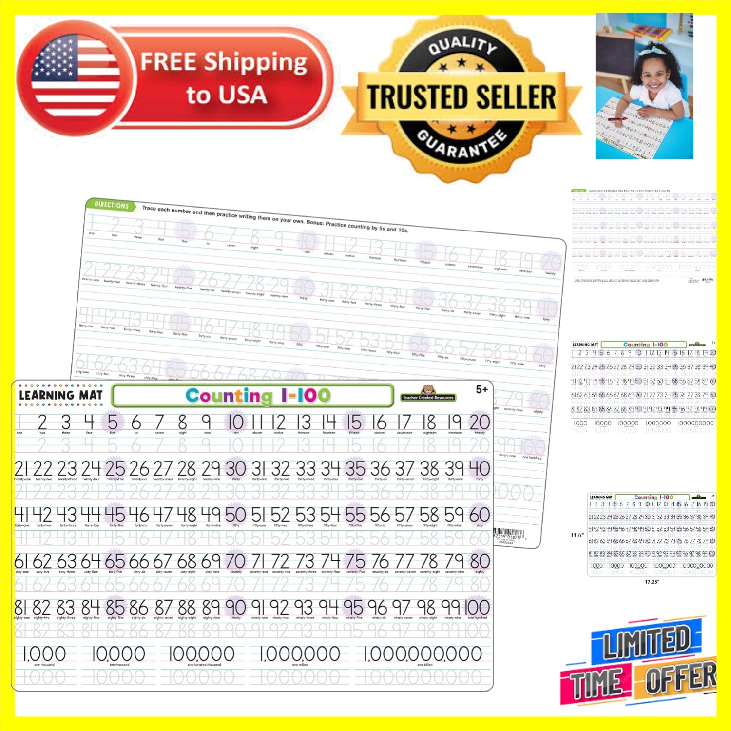 Durable Counting 1–100 Learning Mat - Write-On/Wipe-Off for Endless Learning