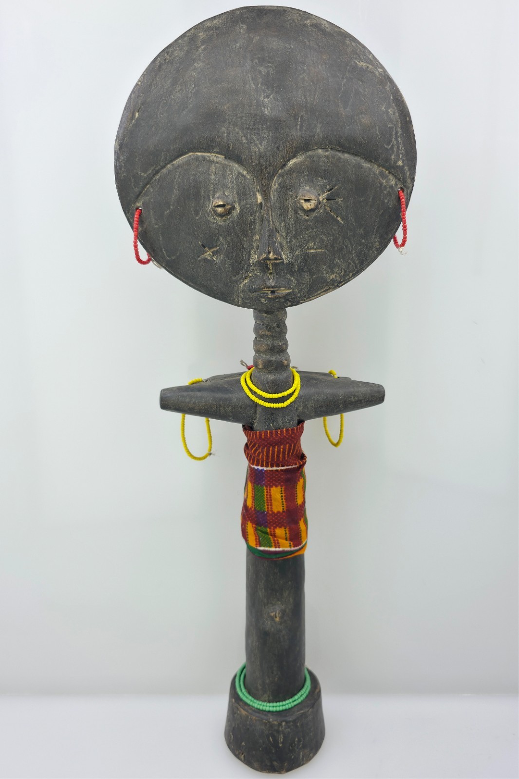 Asante Akuaba Fertility Doll 18" Ghana Akan Wooden Carved Figure w Glass Beads