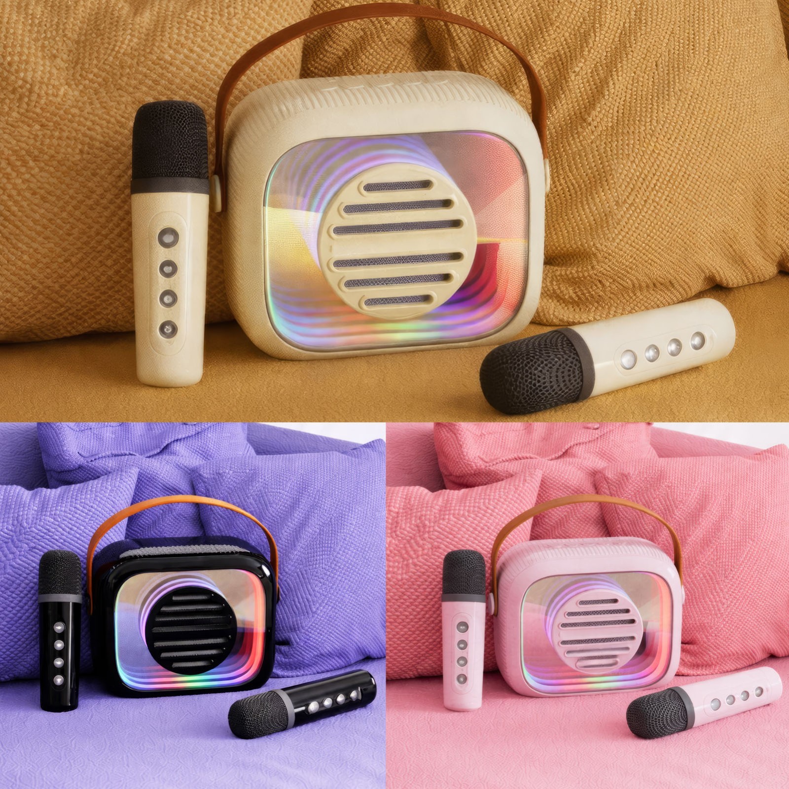 Portable Mini Karaoke Machine with 2 Wireless Mics & RGB Lights for Parties