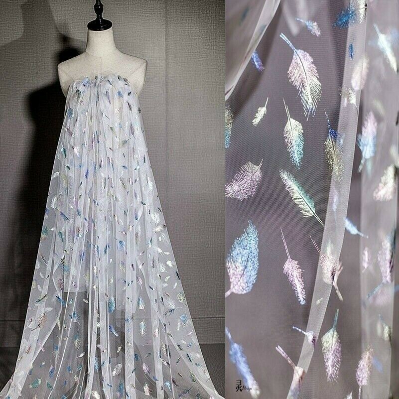 Mesh Organza Sheer Fabric Shiny Feather Dress White Black DIY 100*150cm New