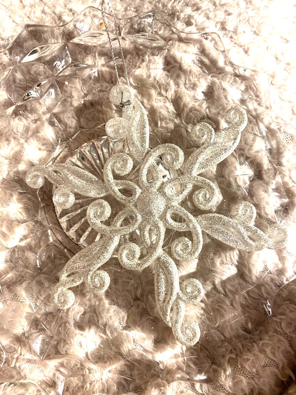 Vintage Ornate Glitter Snowflake Plastic Christmas Ornament 5"