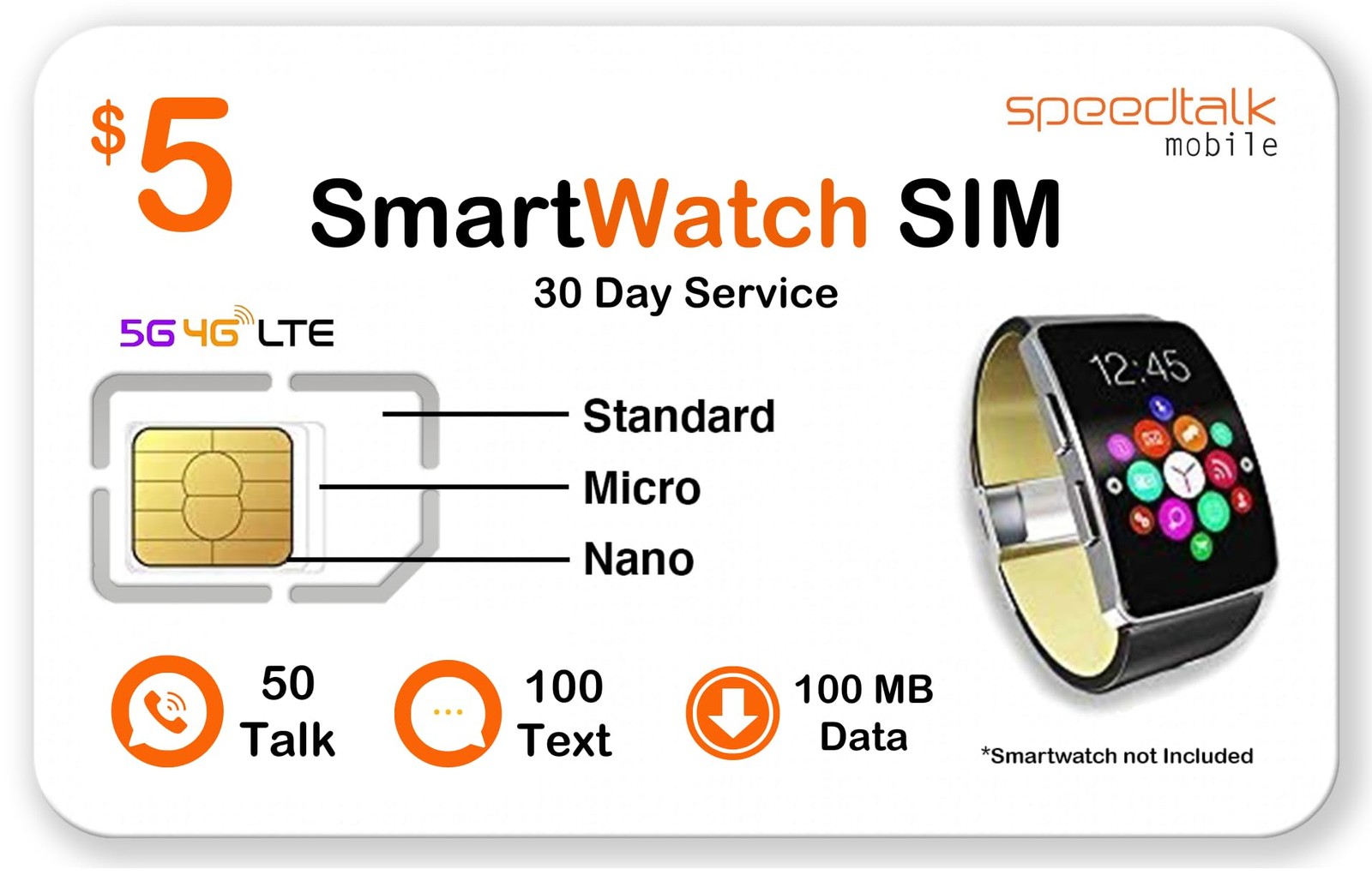 SpeedTalk Mobile $5 Prepaid Smart Watch SIM Card Kit for 5G 4G LTE White 