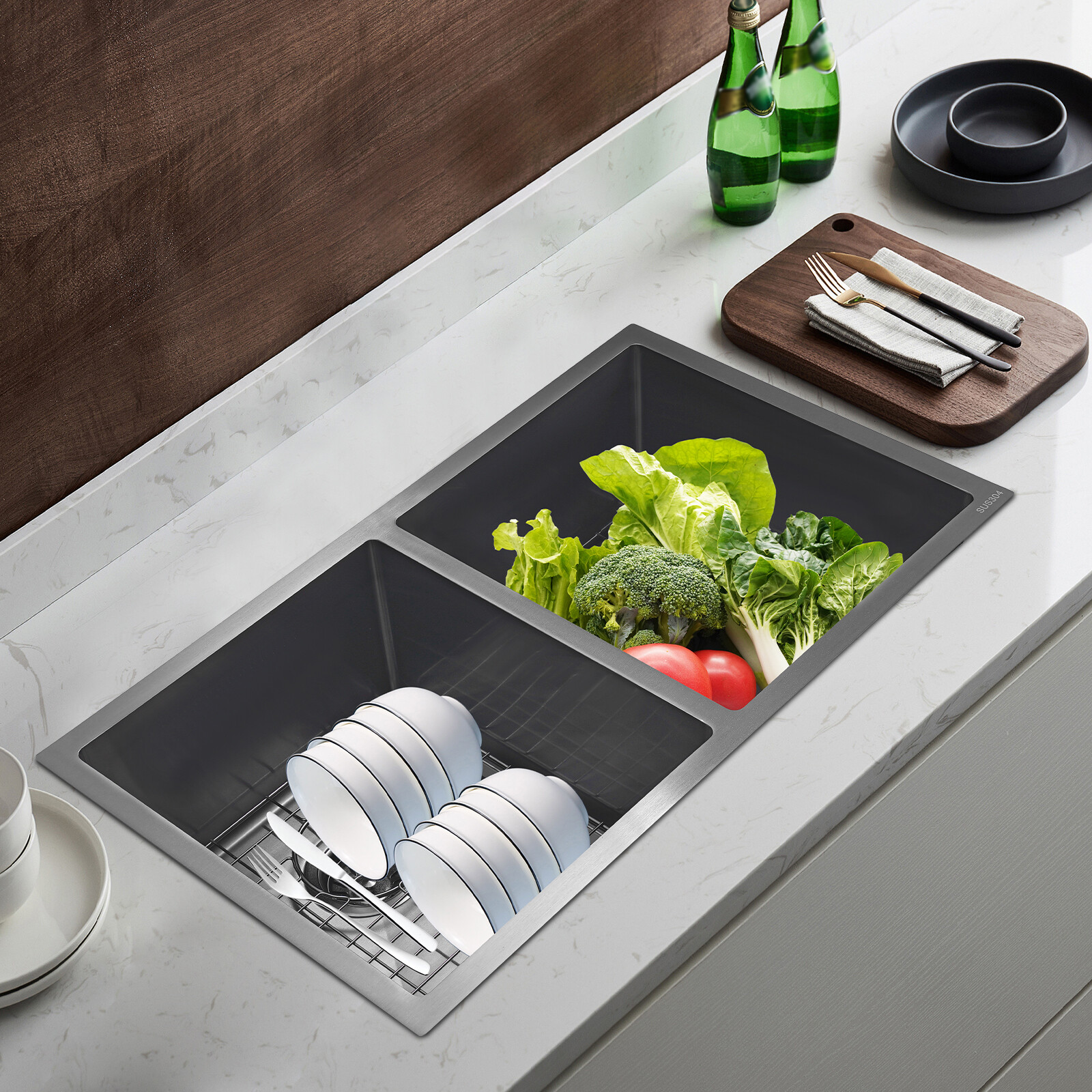 31''x18'' Double Bowl Composite Drop-in Kitchen Sink 2 Bowl Set Stainless Steel