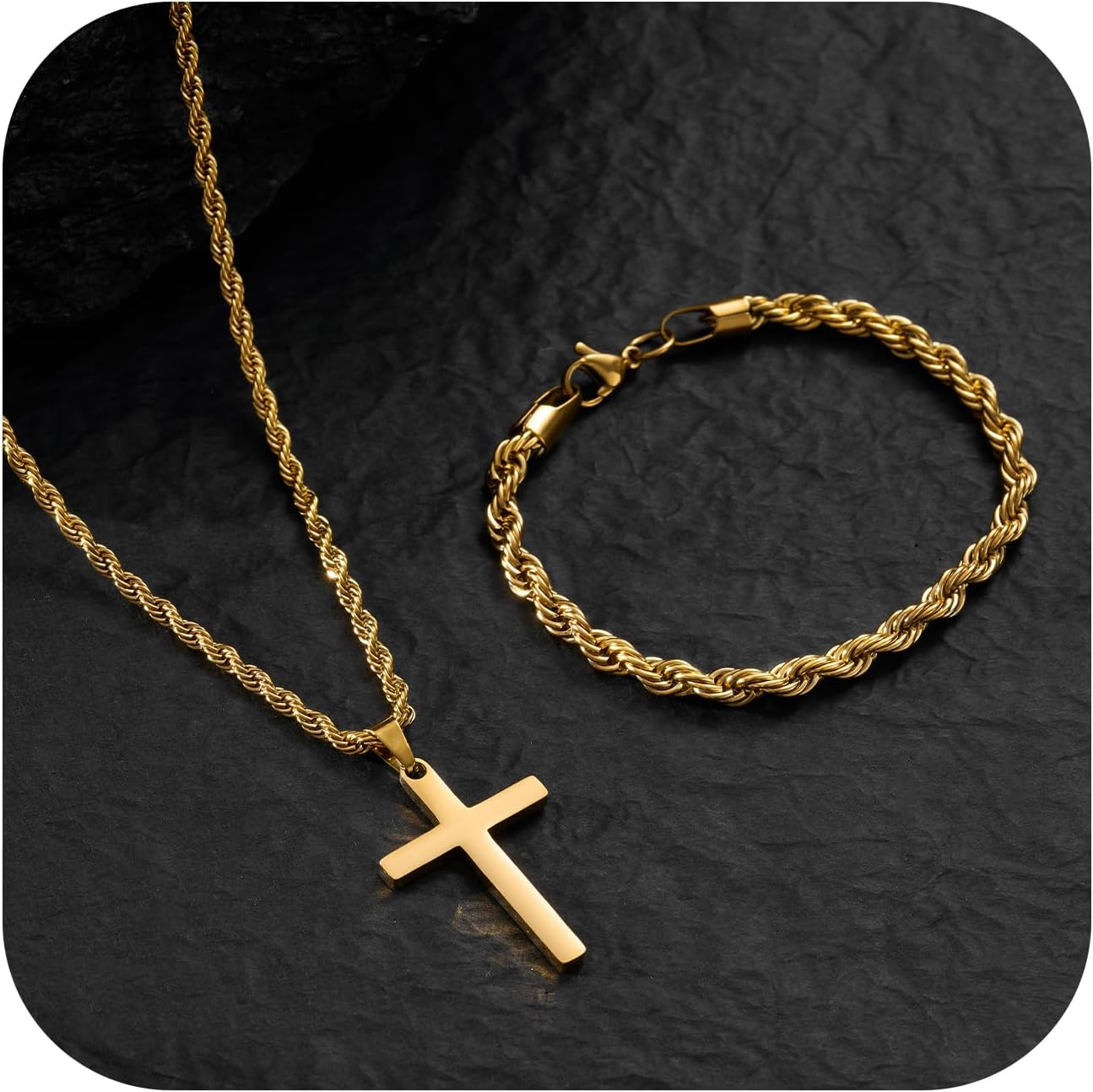 Stainless Steel Cross Necklace and Bracelet Set for Men, Rope Link Chains 18"/20