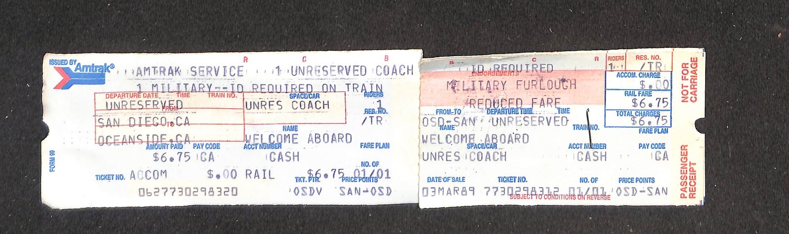 MARCH 3, 1989 AMTRACK MILITARY SAN DIEGO, CALIFORNIA TICKET