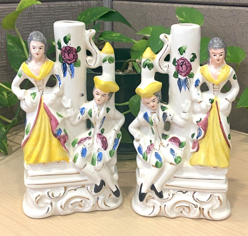 (2) Vintage Victorian Hand Painted Porcelain Courting Couple Boudoir Lamp Bases