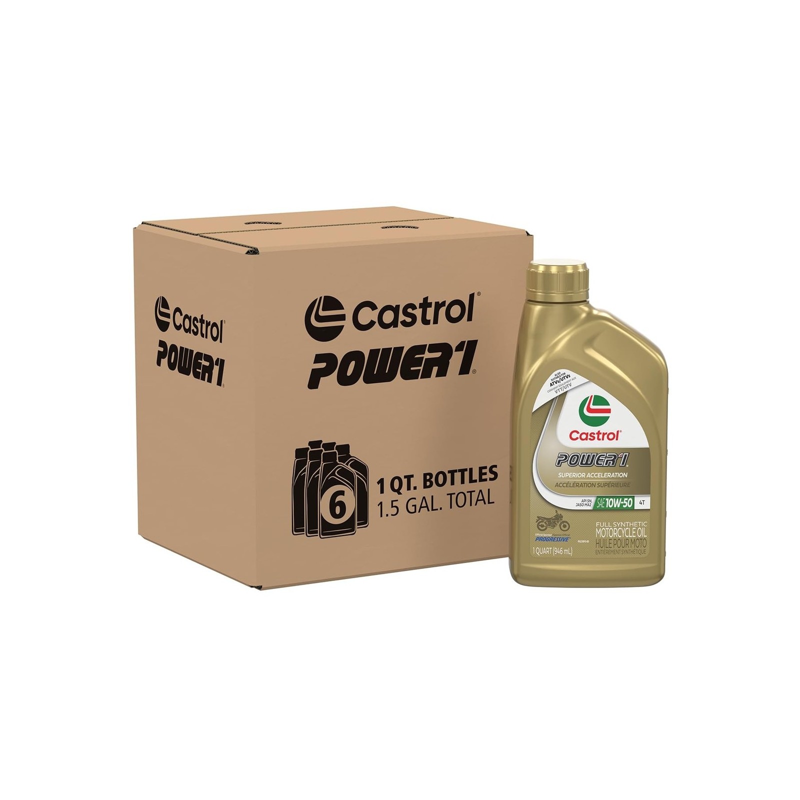 Castrol Power1 4T 10W-50 Full Synthetic Motorcycle Oil, 1 Quart, Pack of 6
