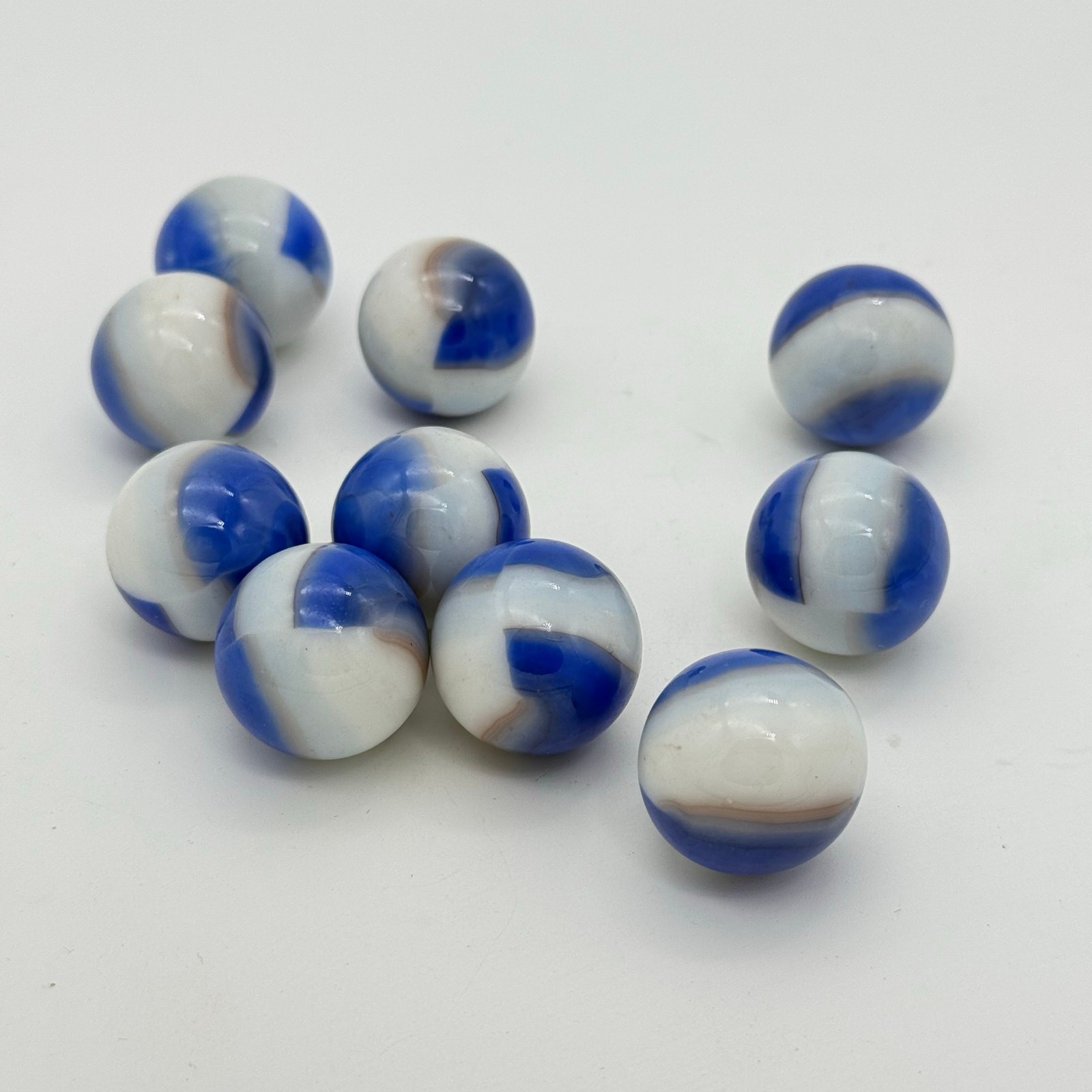 Akro Agate Marbles Blue White Glass Set of 10 Vintage Swirl Marbles