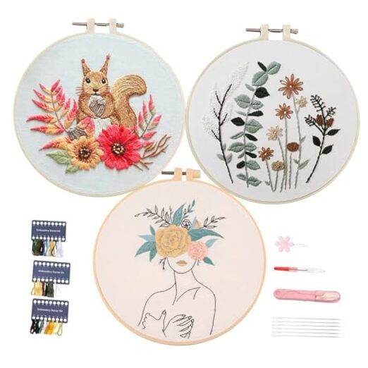  3 Pack Embroidery Kit with Woman Squirrel Flowers Patterns, Full Set DIY 