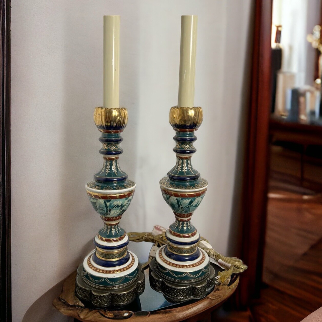 Rare United Wilson Porcelain Lamps Pair JUWC 1897 Metal Base 24” Working OOAK