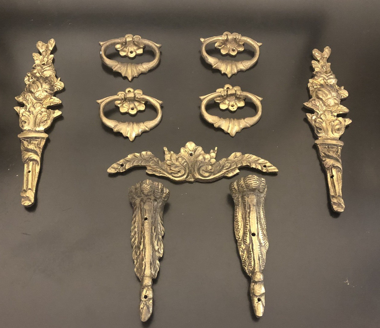 French Chest Salvage Hardware Cast Gilt Drop Pull Pediment Leg Rounds Floral LOT