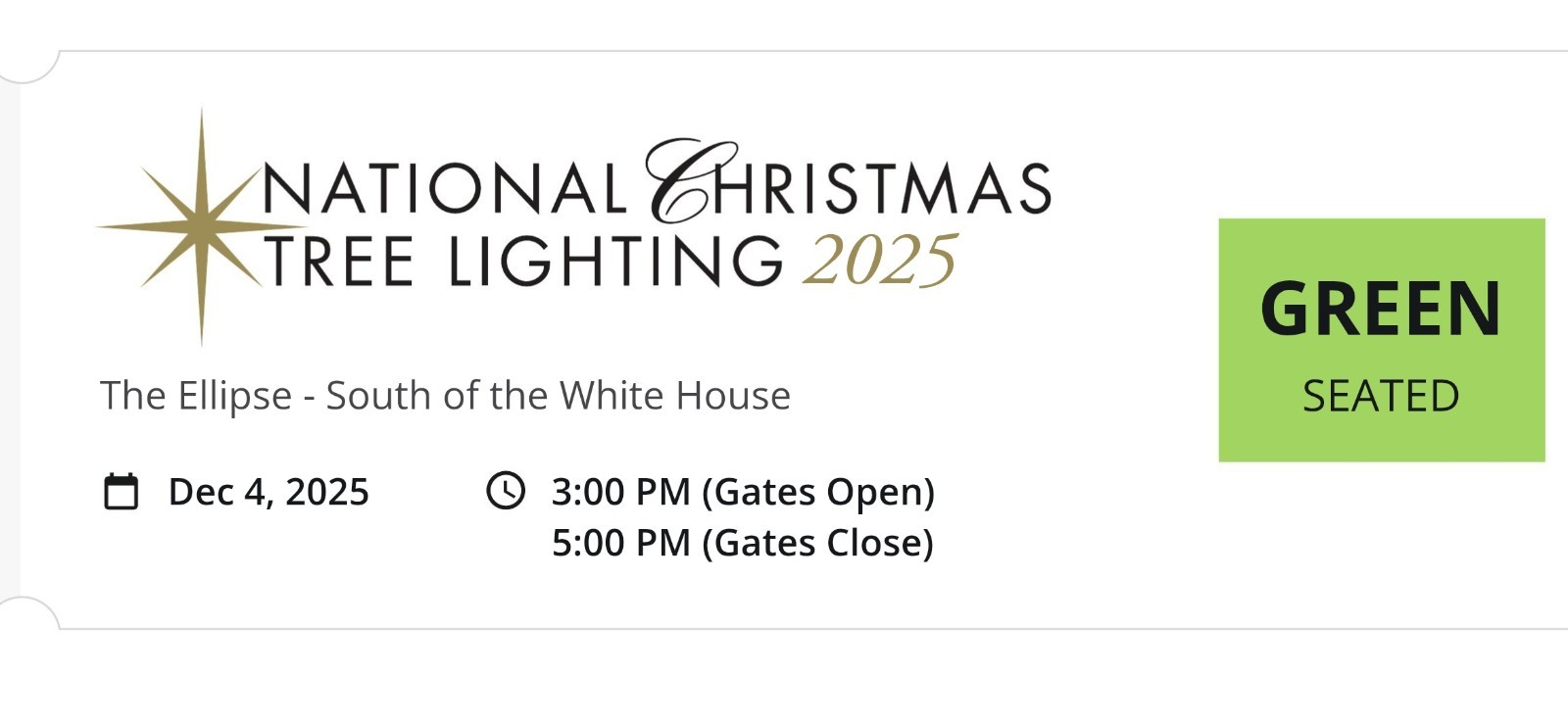 The 2025 National Christmas Tree Lighting Ceremony 5 TICKETS!