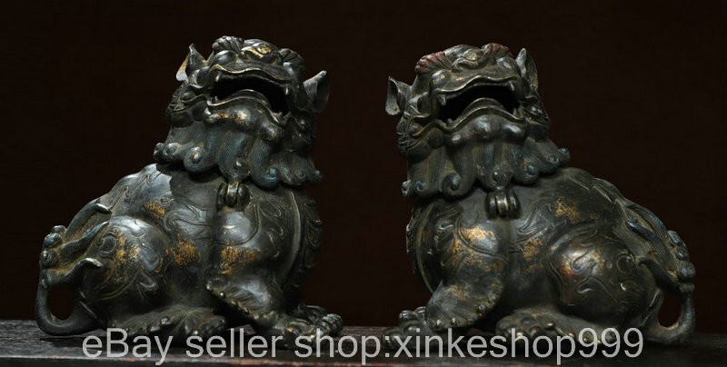 6.8" Old Chinese Copper Gilt Fengshui Foo Fu Dog Guardion Lion Statue Pair A3