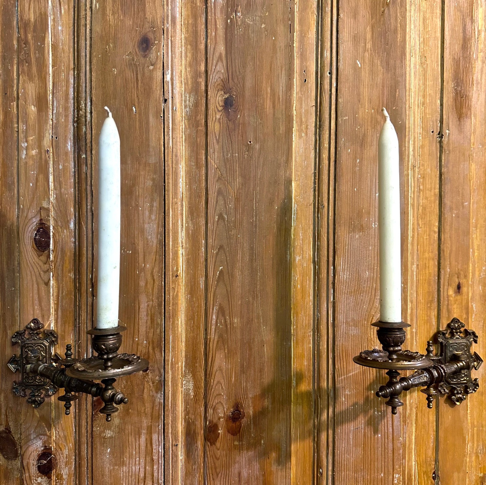 1891 ANTIQUE PIANO WALL SCONSES CANDLESTICK CANDELABRE PAIR DETAILED CAST BRONZE
