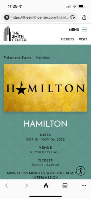 HAMILTON MUSICAL 2 TKTS PARTERRE BOX B!  FRIDAY 7:30p, 21 OCT LAS VEGAS $280/ea