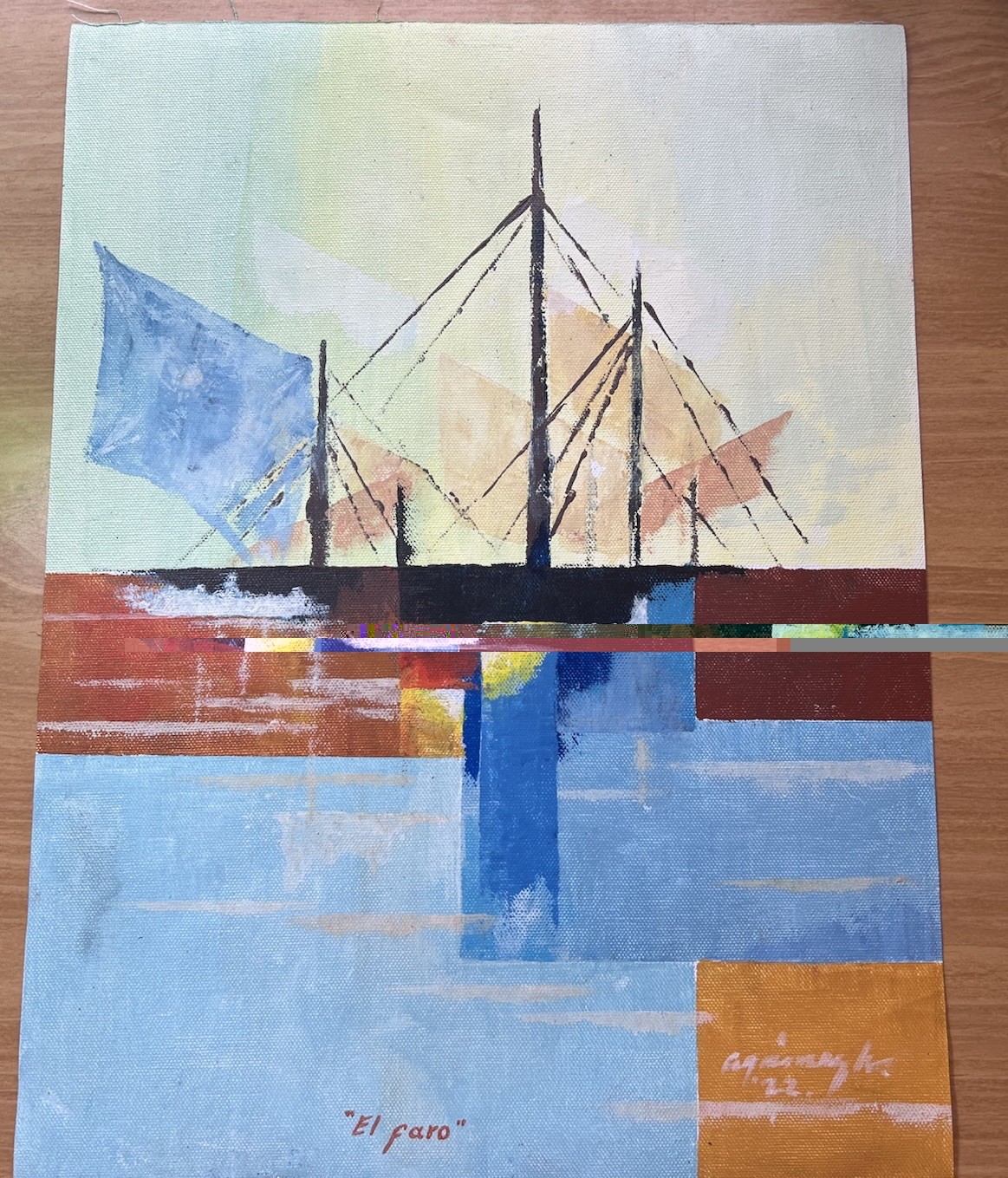 Oil On Canvas Print Sail Boat Abstract Original Colorful 12”x16” El Paro