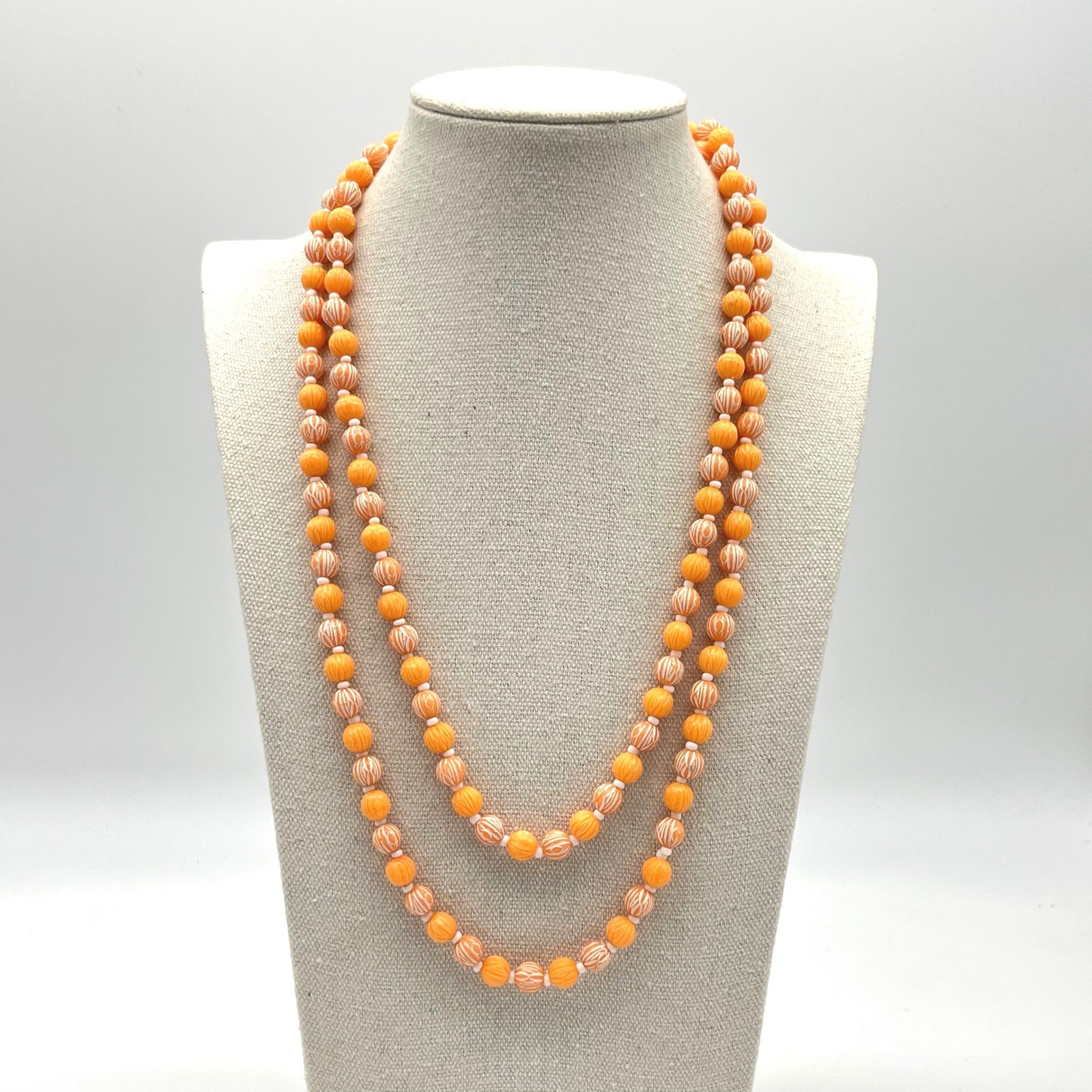 Vintage Orange Necklace with White Accent Beads, Long Layering Necklace