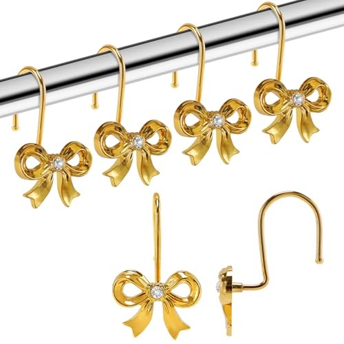 Gold Bow Shower Curtain Hooks, 12 Pack Metal Decorative Rings, Rust Gold 3