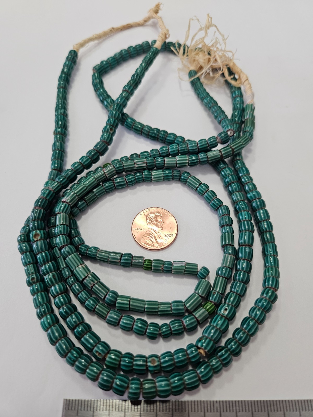 Antique Venetian Chevron Beads Green Stripes 2 Strands (32" & 22") Trade Beads