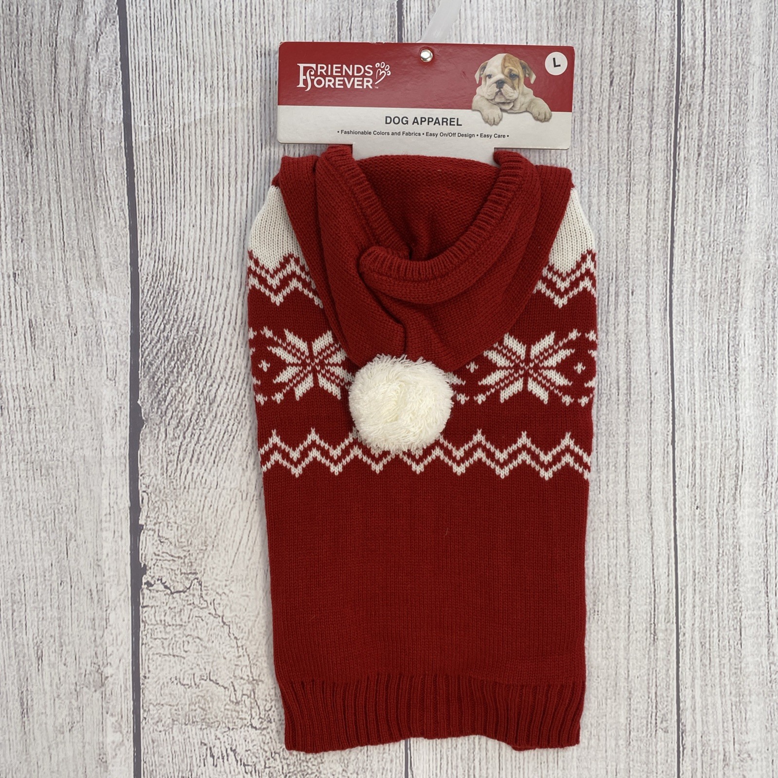 Fair Isle Christmas Dog Sweater LARGE Red White Nordic Hooded Pom Pom Snowflakes