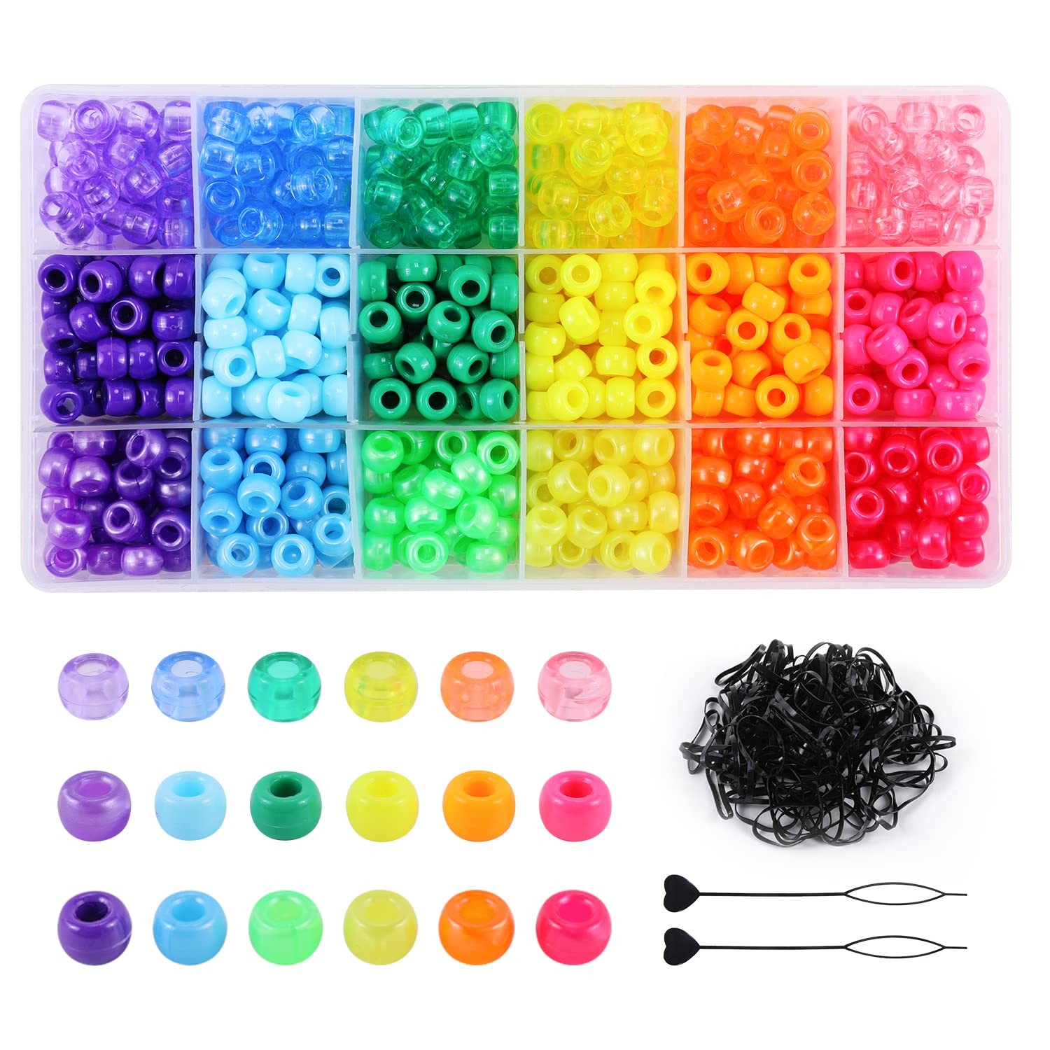18 Color 9 mm Hair Beads for Braids, Rainbow Pony small, Beads-9 