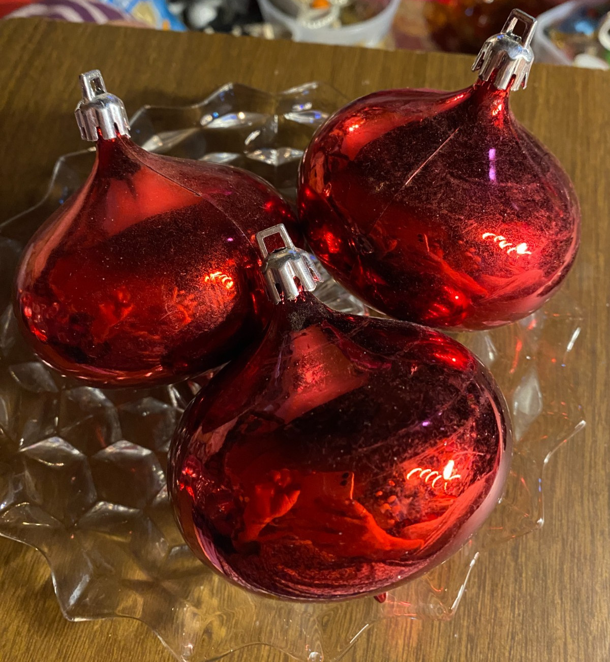 3 Shiny Red Plump Teardrop 3.5" Shatterproof Christmas Ornaments
