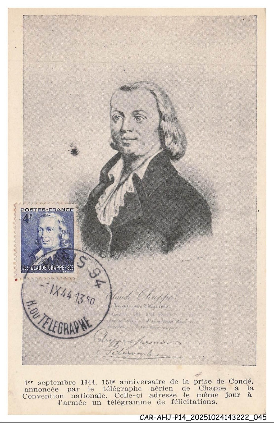 CAR-AHJP14-0683-CARTE-MAXIMUN - Claude Chappe - 1944