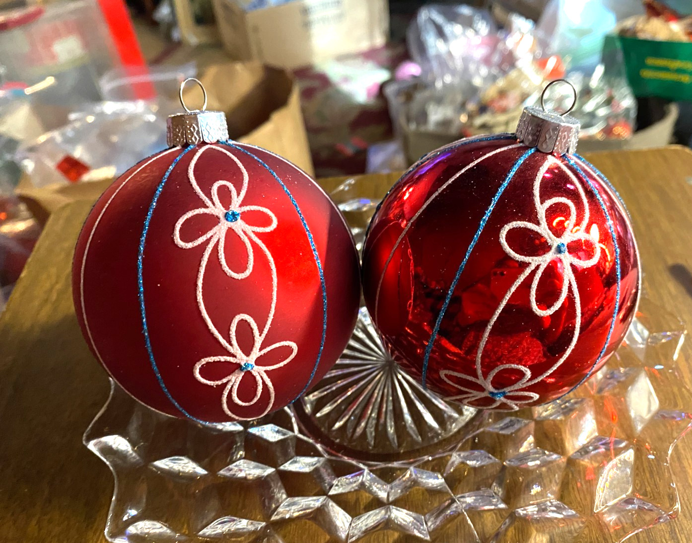 2 Large Red Shiny & Matte w Glitter Shatterproof Christmas Ornament 3"